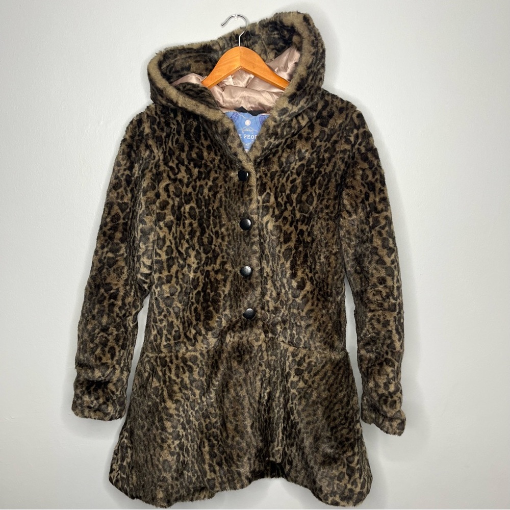 Free People About Town Leopard Cheetah Hooded Button Fur Coat Winter Jacket BB